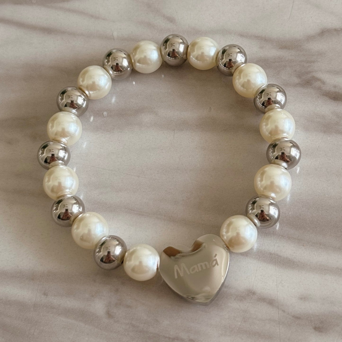 Mama Heart Pearls Bracelet Silver